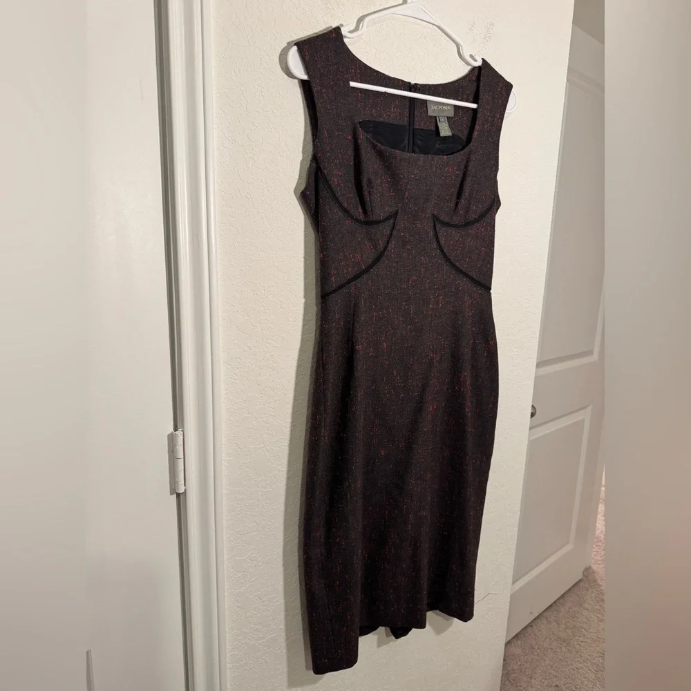 Zac Posen Wool Blend Sheath Dress Womens 8 Black Red Fleck Square Neck Silk - Picture 2 of 10